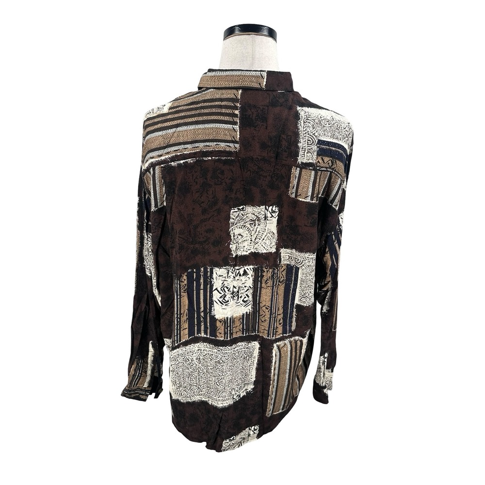 Vintage Lorenzini Button Down Shirt Men XL Brown Gray Abstract Patchwork Viscose - Picture 6 of 11